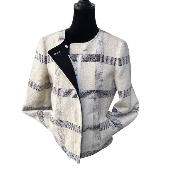 Tory Burch Wool Blend Ivory Black Plaid Blazer Zip Button Closure Women’s 10 M - Picture 3 of 14